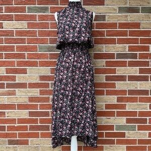 Nanette Lepore Smocked Ruched Black Multicolor Sleeveless High Low Maxi Dress 👗